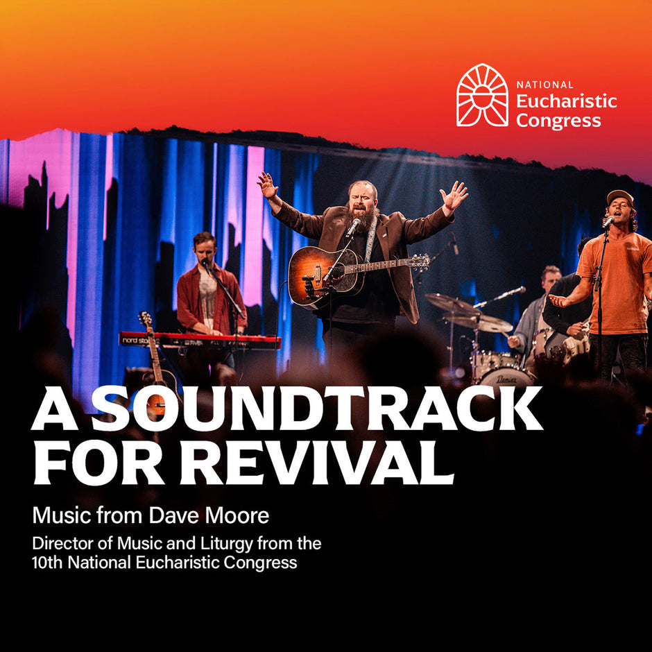Music performance with text 'A Soundtrack for Revival' and 'National Eucharistic Congress' logo.