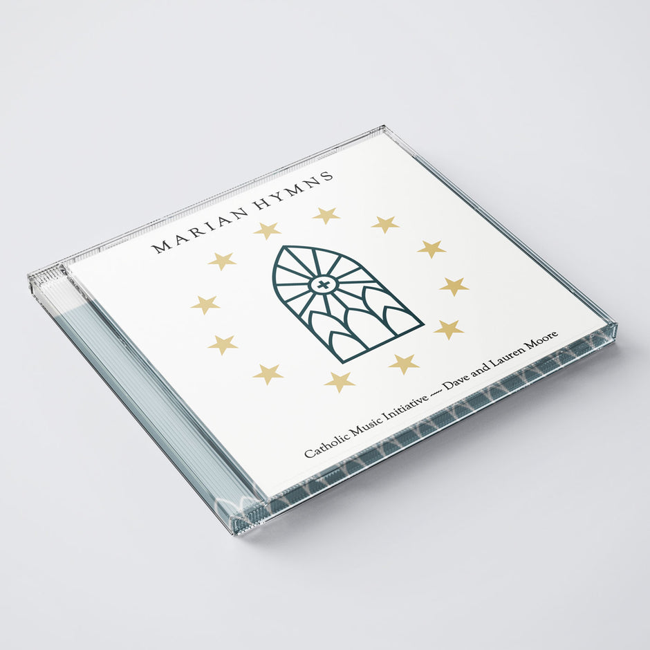 CD case titled 'Marian Hymns' with star designs on a light gray background