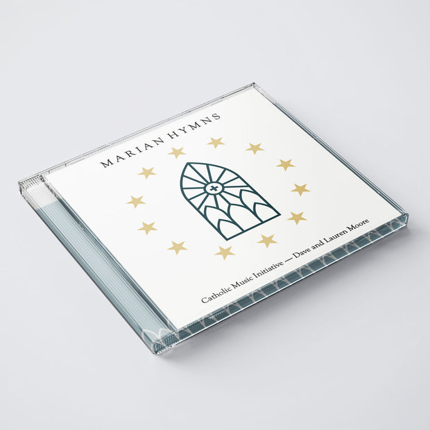 CD case titled 'Marian Hymns' with star designs on a light gray background