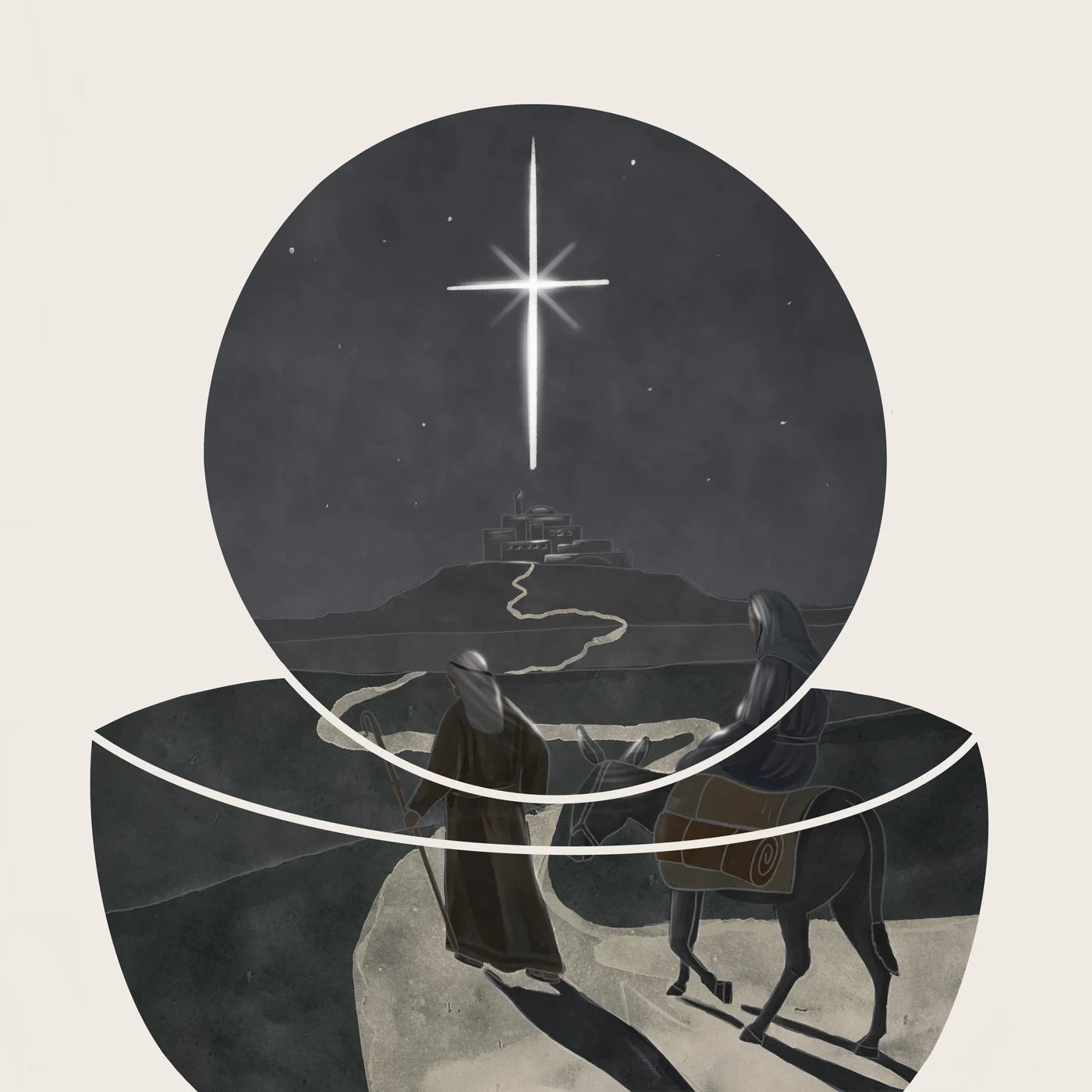 Illustration of a donkey and a person walking towards a bright star in the sky.
