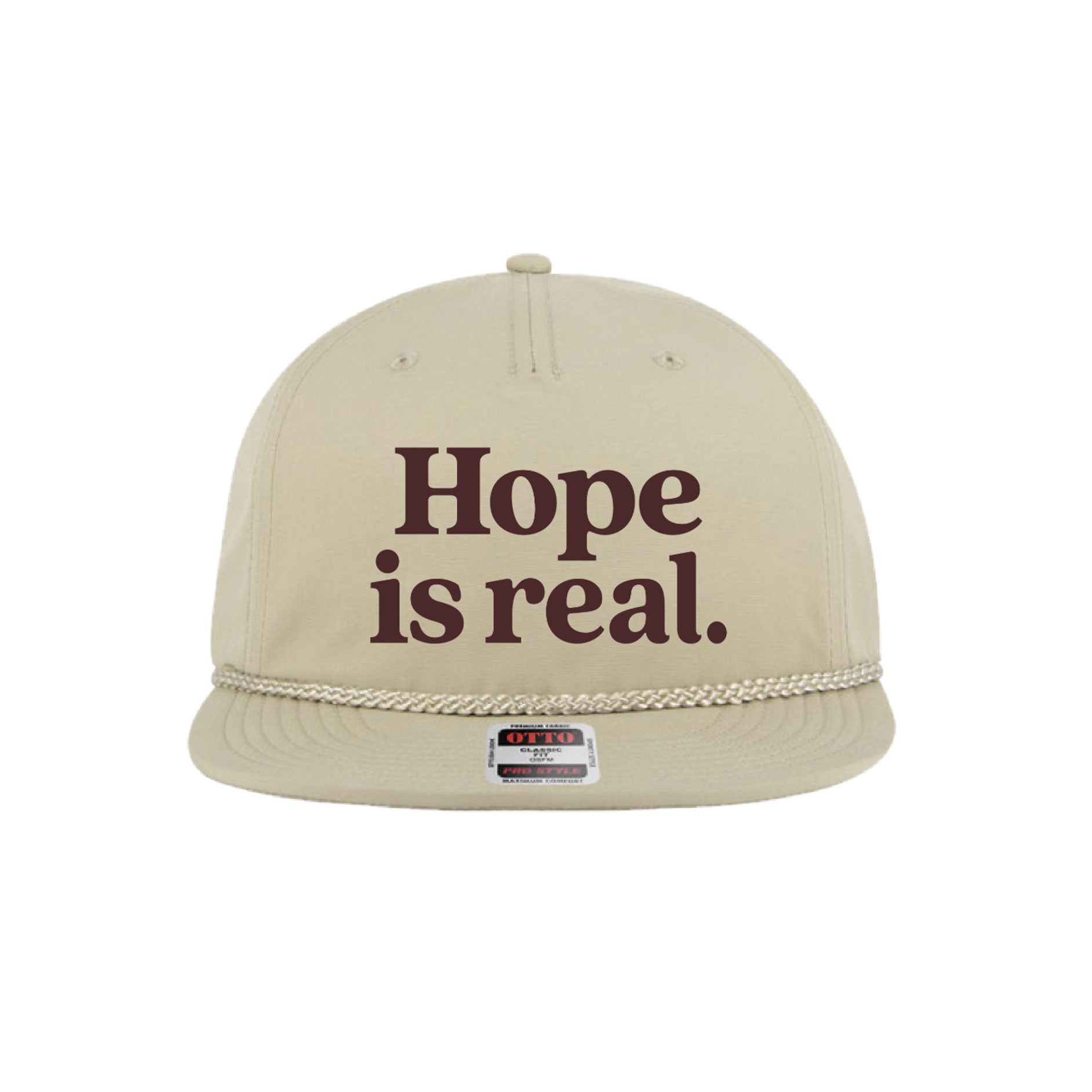 Beige cap with 'Hope is real.' text on a white background