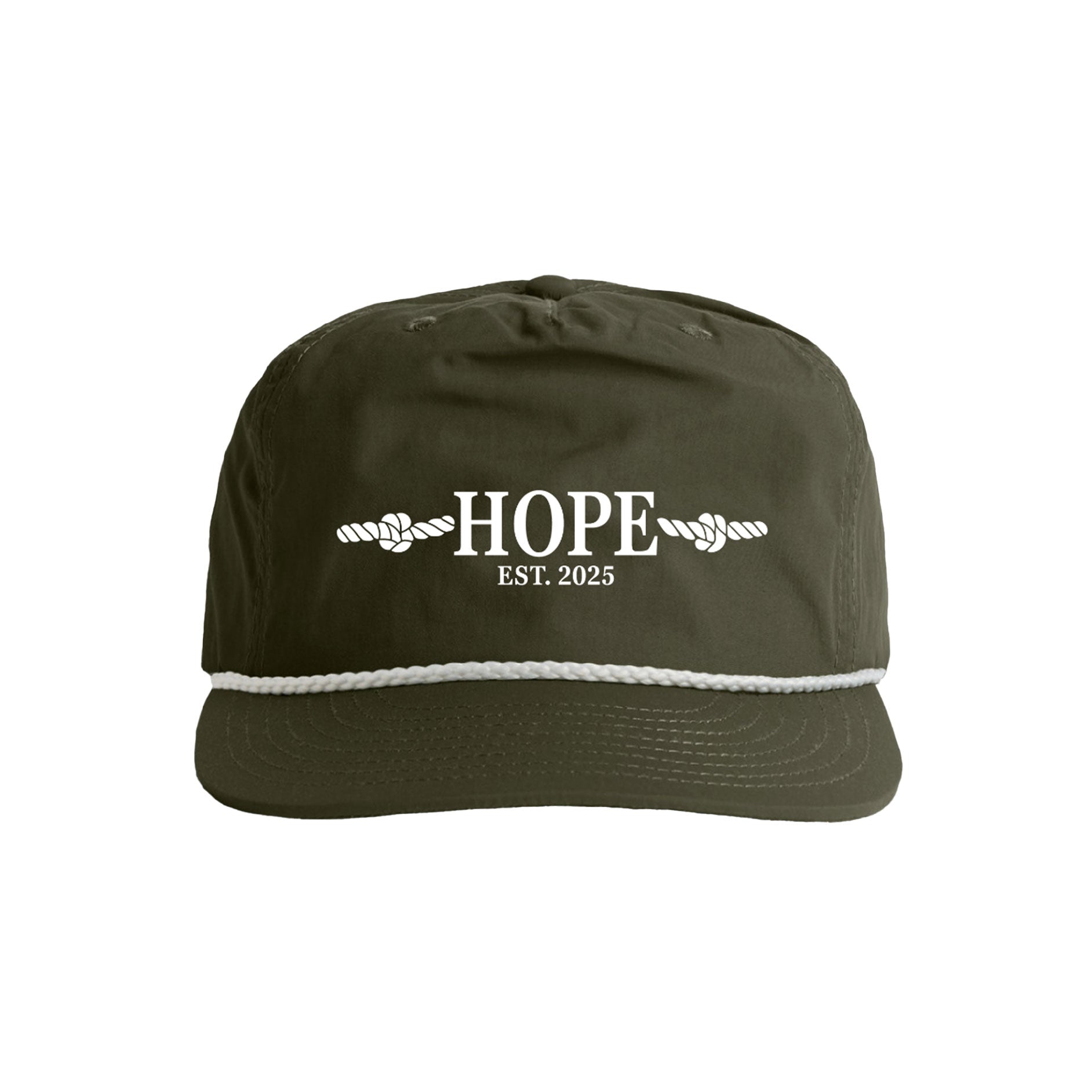 Green cap with 'HOPE EST. 2025' text on a white background