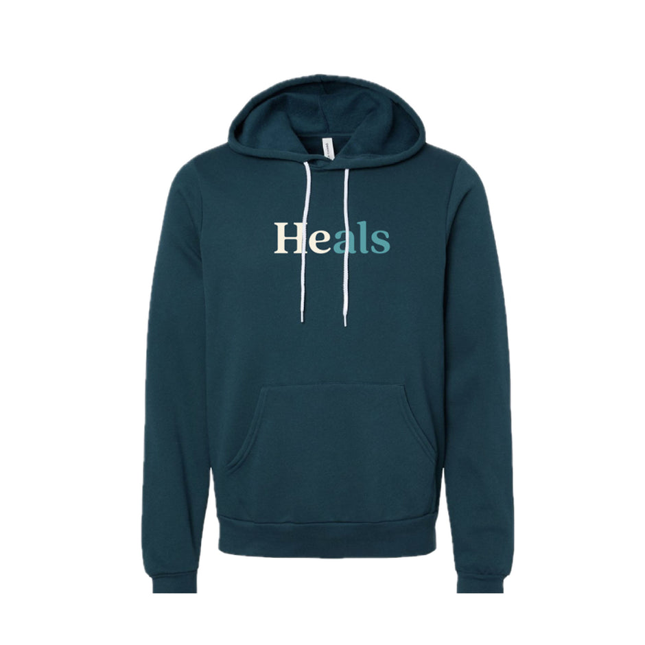 Navy blue hoodie with 'Heals' text on a white background