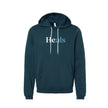 Navy blue hoodie with 'Heals' text on a white background