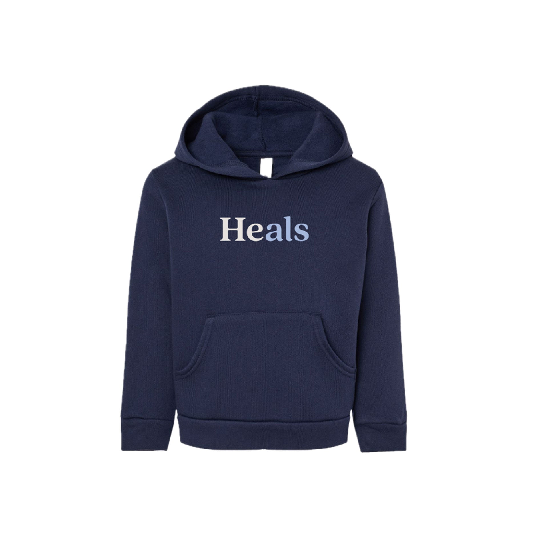 Navy blue hoodie with 'Heals' text on a white background