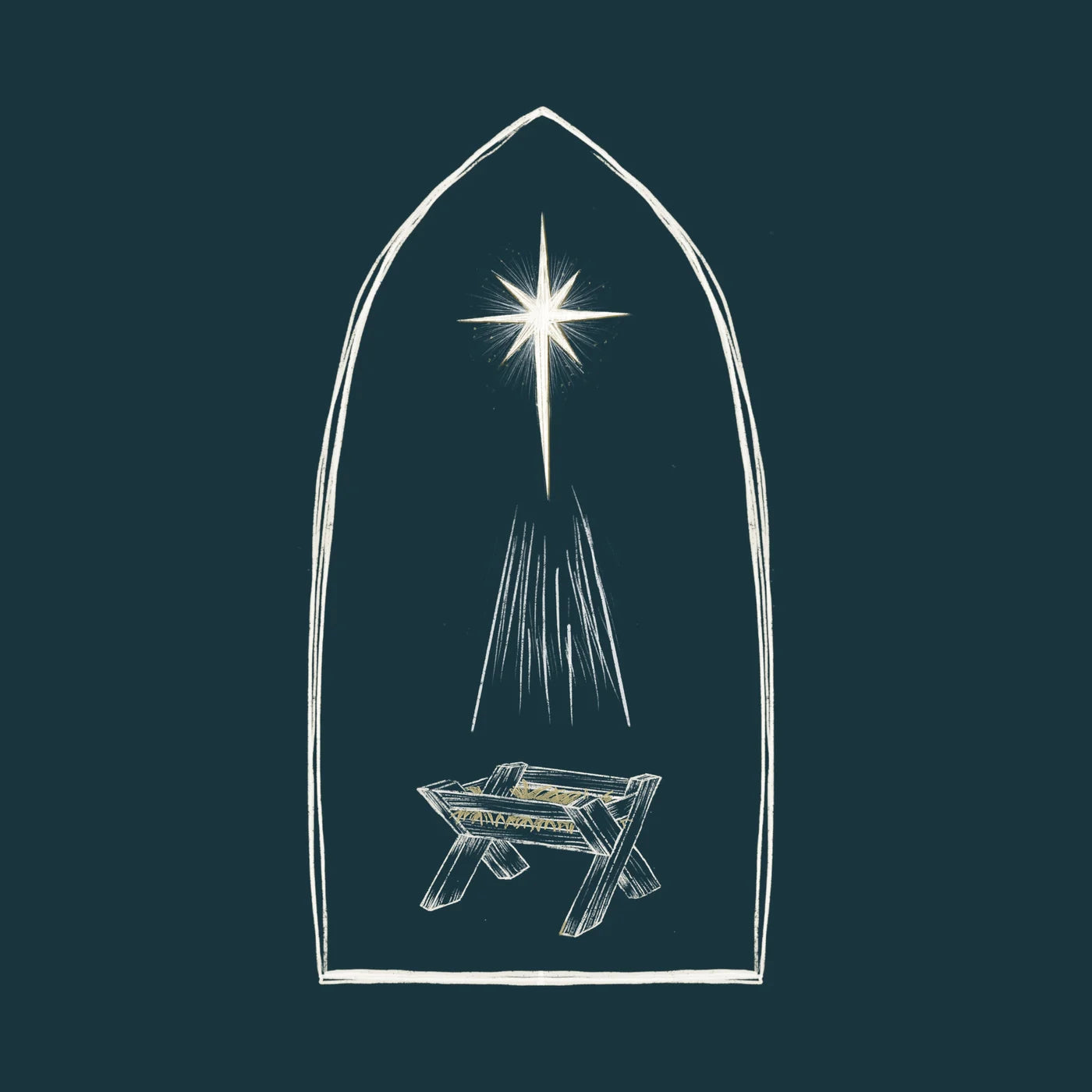 Illustration of a star and manger scene with a dark blue background
