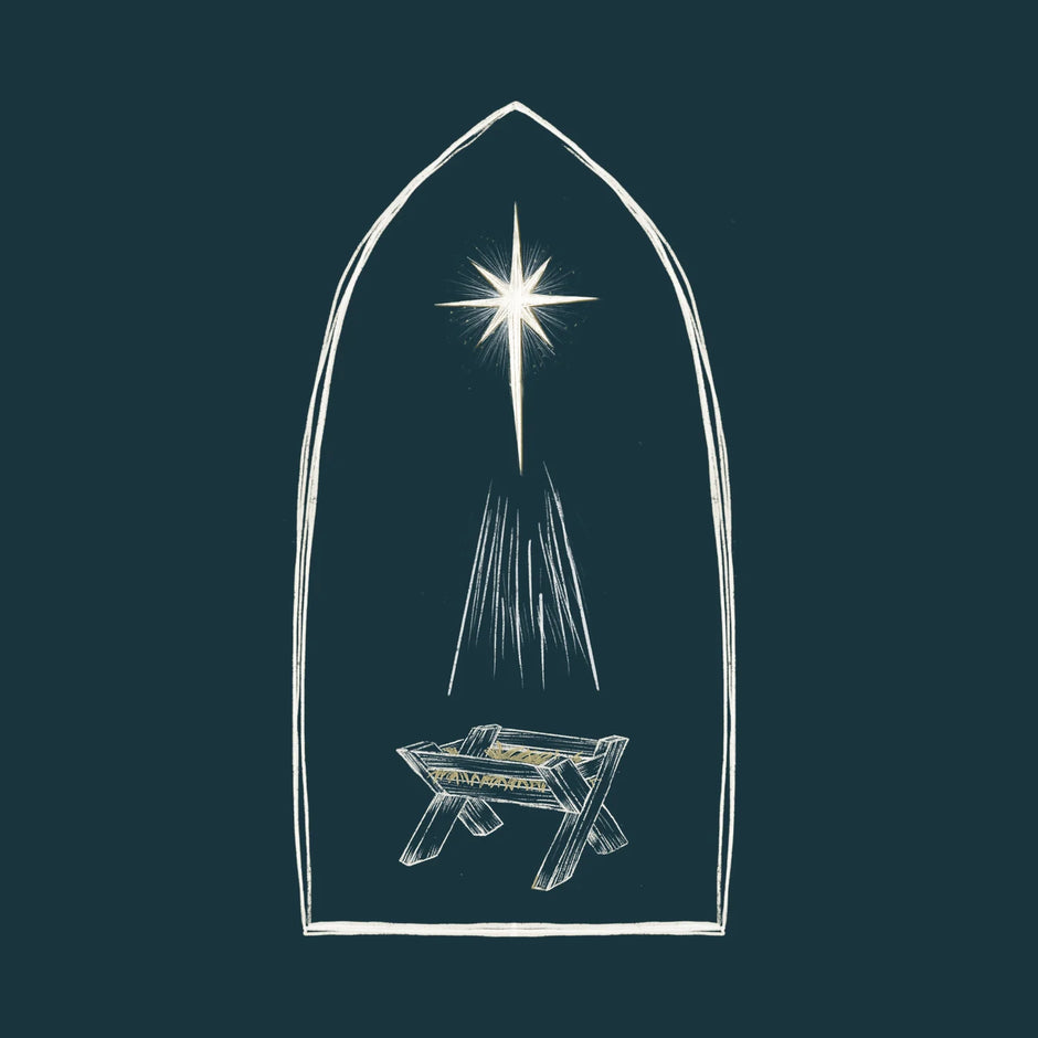 Illustration of a star and manger scene with a dark blue background
