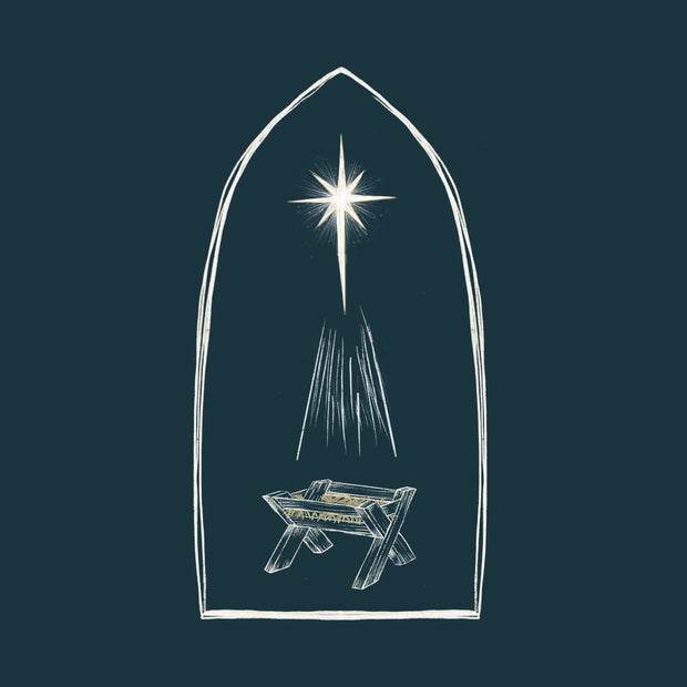 Illustration of a star and manger scene with a dark blue background