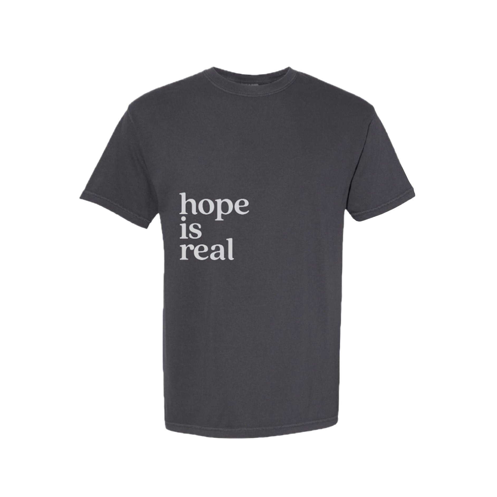 Black t-shirt with 'hope is real' text on a white background