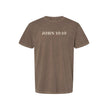 Brown t-shirt with 'JOHN 10:10' text on a white background